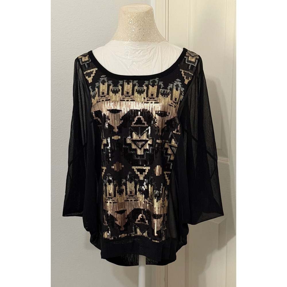 Joseph Ribkoff Women's sz 10 Black Gold Sequin Tunic Top Sheer Dolman Sleeve